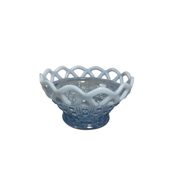 VTG Imperial Glass Basket Bowl Lacy Edge Blue Opalescent Trim Dish 1930's MCM - Picture 9 of 16